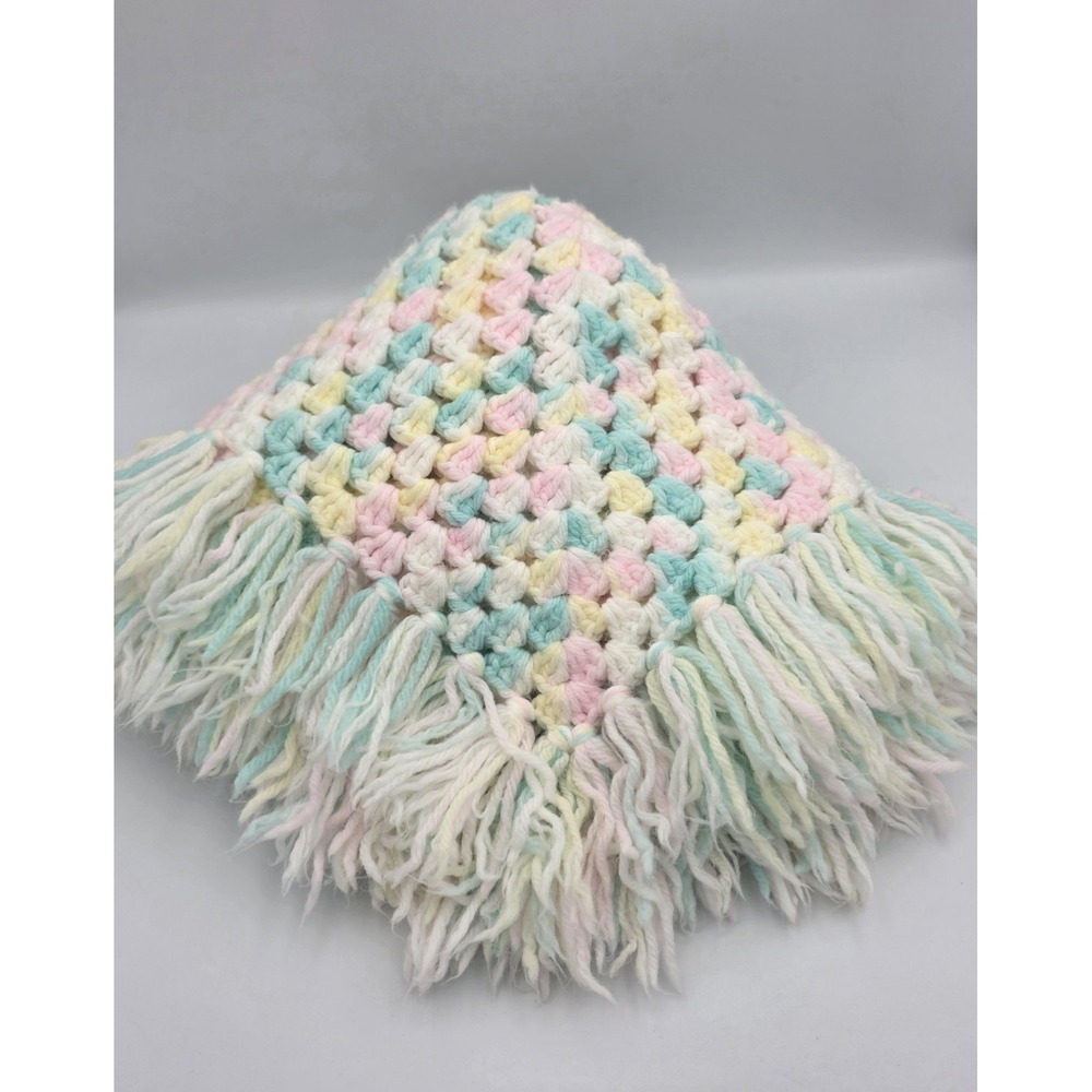 Vtg. Handmade Crochet Knit Baby Blanket Chunky Pastel MutiColor Fringe 34"x 34"